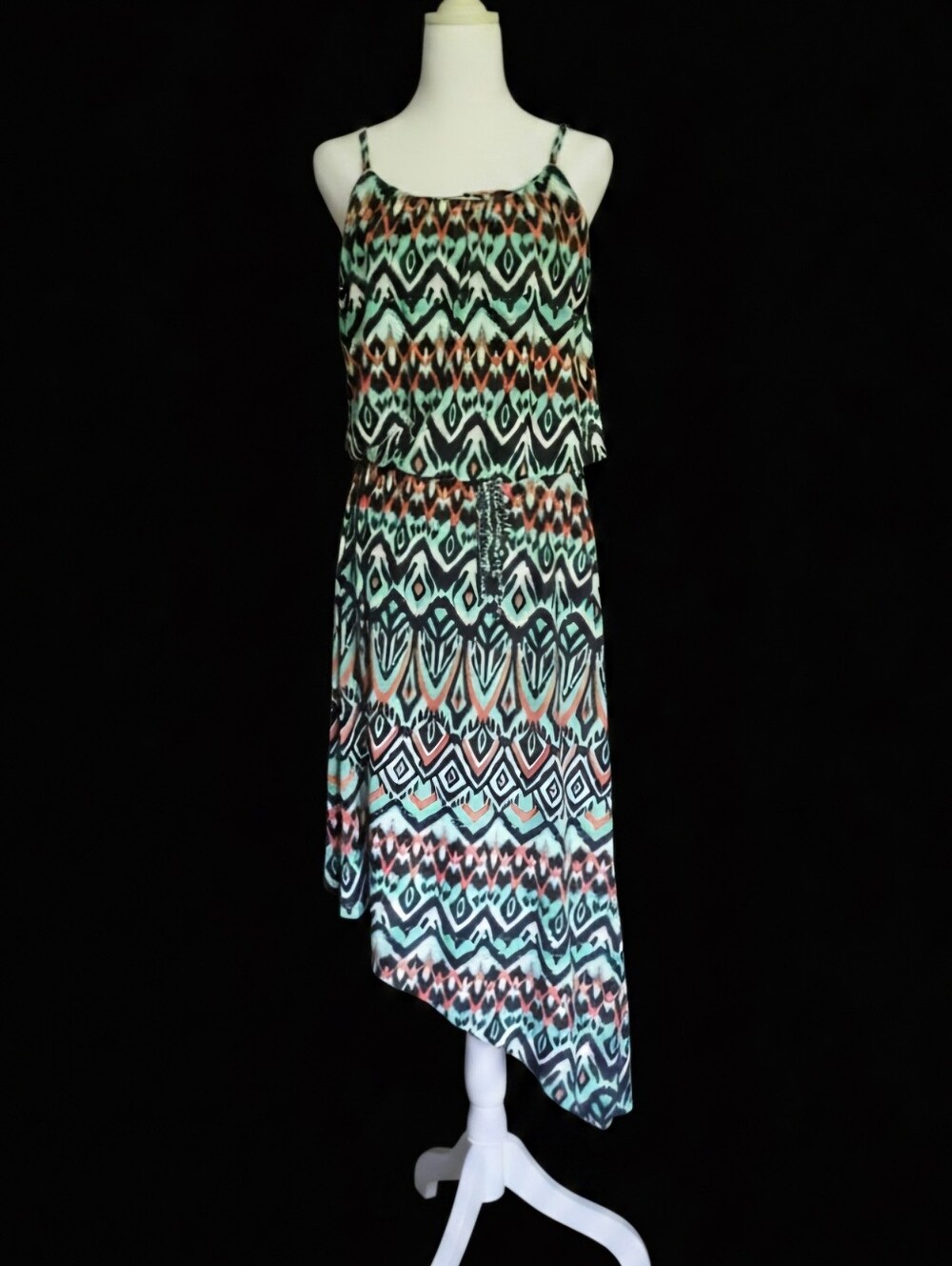 French Laundry Sleeveless High-Low Maxi Dress in Mint, Coral & Black. Size M